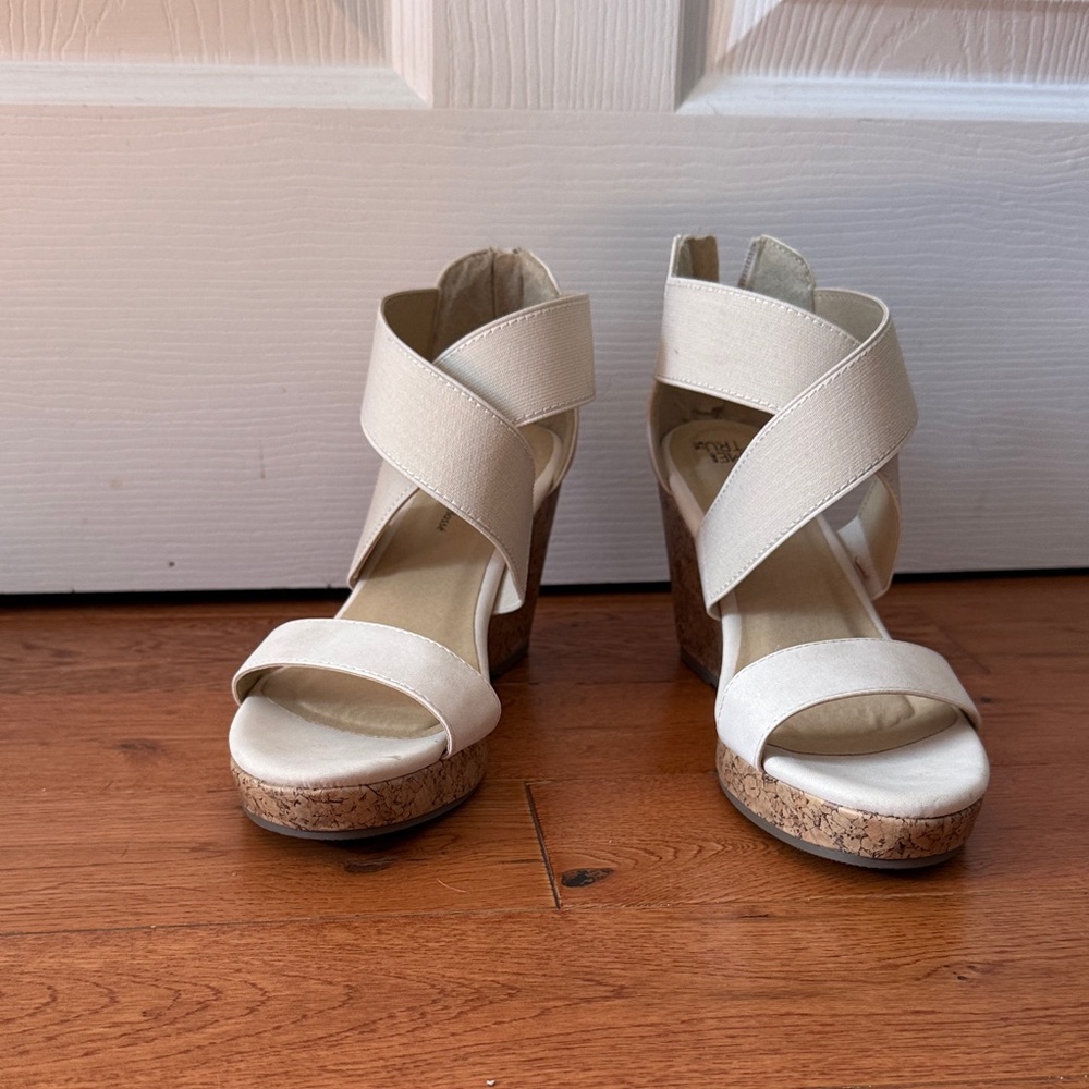 Time and Tru Cream Cork Wedge Sandals with Crisscross Straps